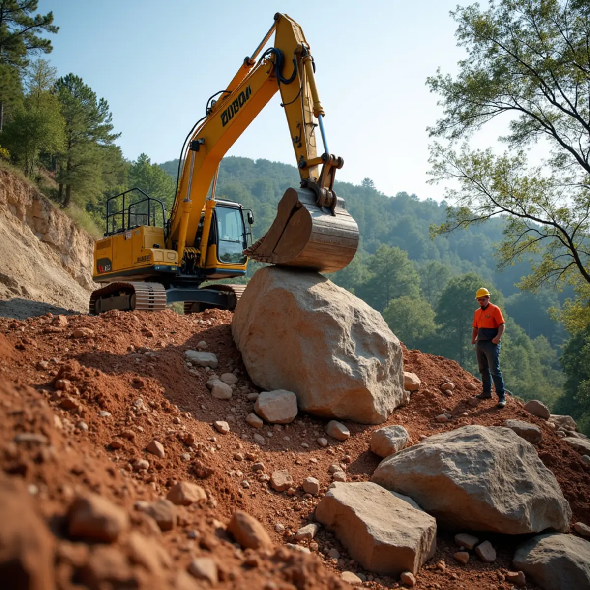 Excavator placing a large granite boulder on a retaining wall on a steep North Georgia hillside