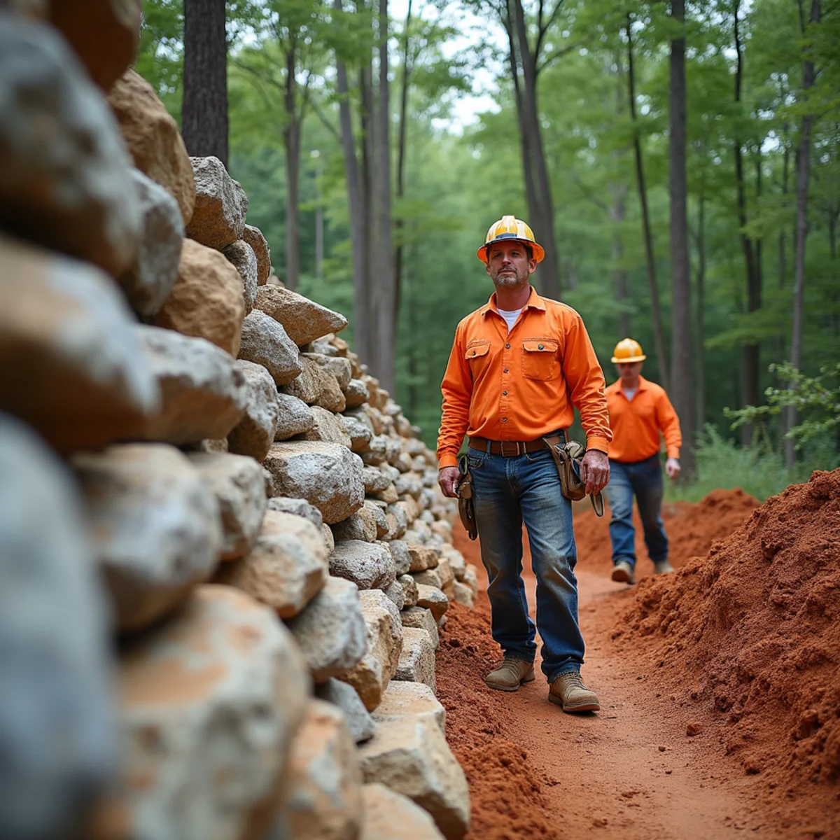 Natural granite boulder retaining wall beside a segmental concrete block wall in North Georgia