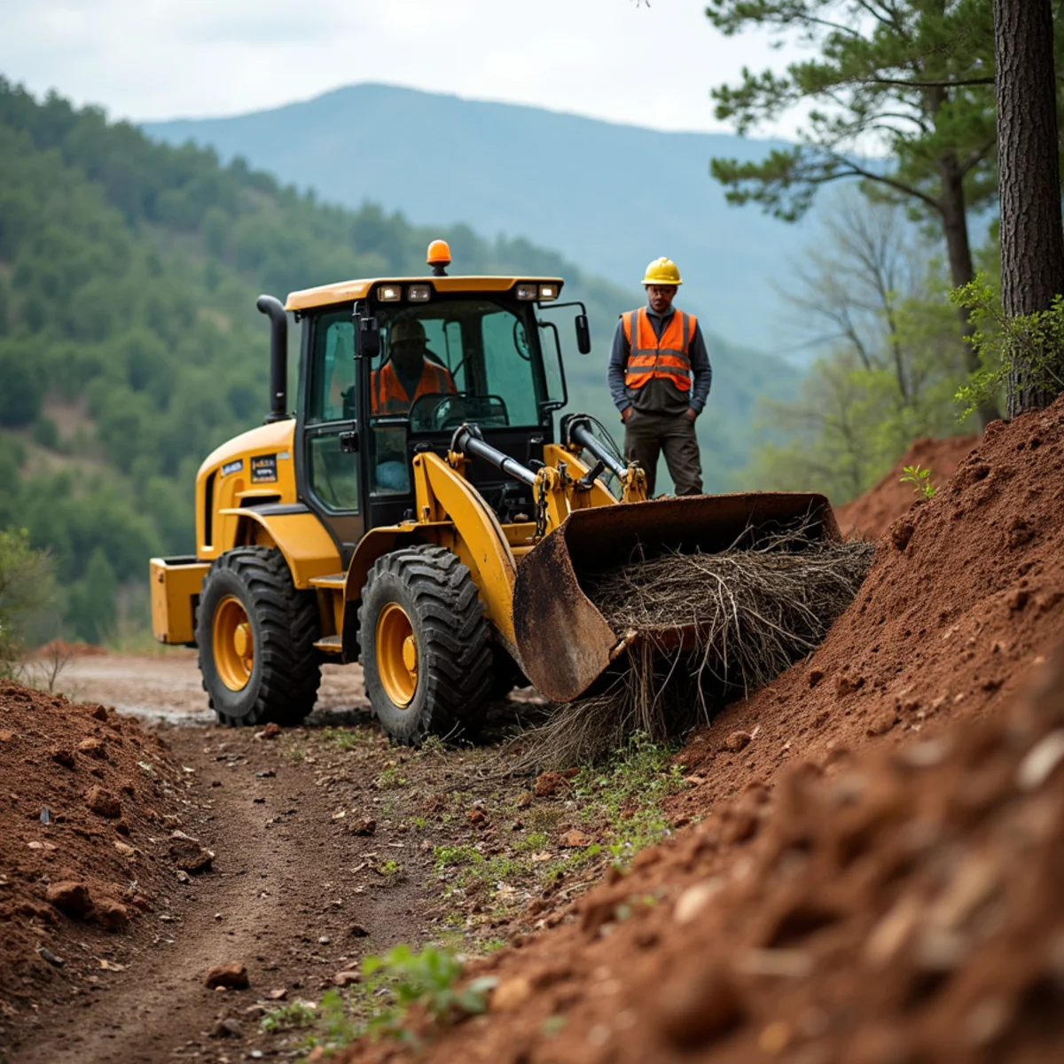 Forestry mulcher clearing downed trees and storm slash on a North Georgia mountain hillside