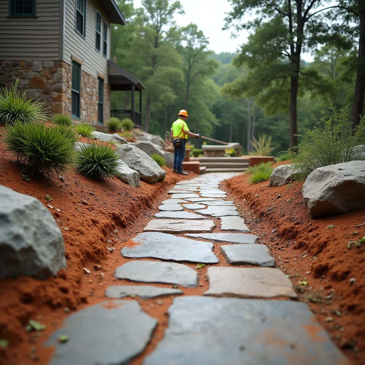 Crab Orchard flagstone patio next to a concrete paver walkway on a North Georgia mountain property