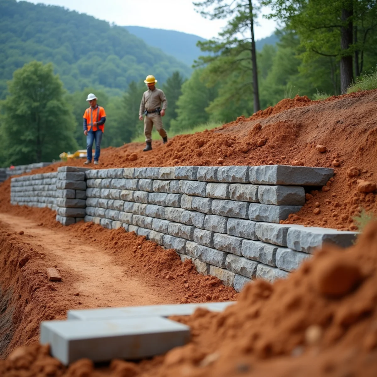 Permitted engineered retaining wall under construction in Habersham County Georgia
