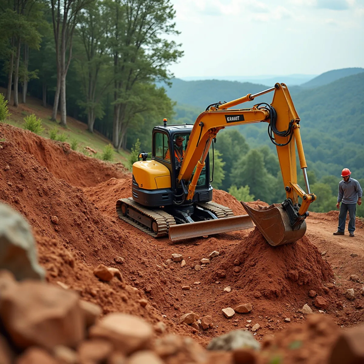 Rented mini-excavator working a steep clay hillside cut on a North Georgia mountain lot