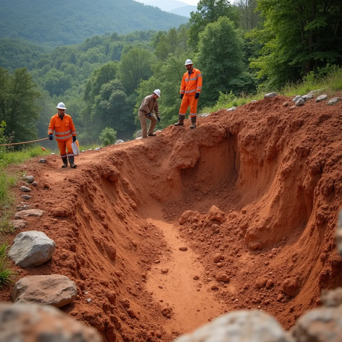 Emergency crew stabilizing a red clay hillside washout after a mountain mudslide in North Georgia