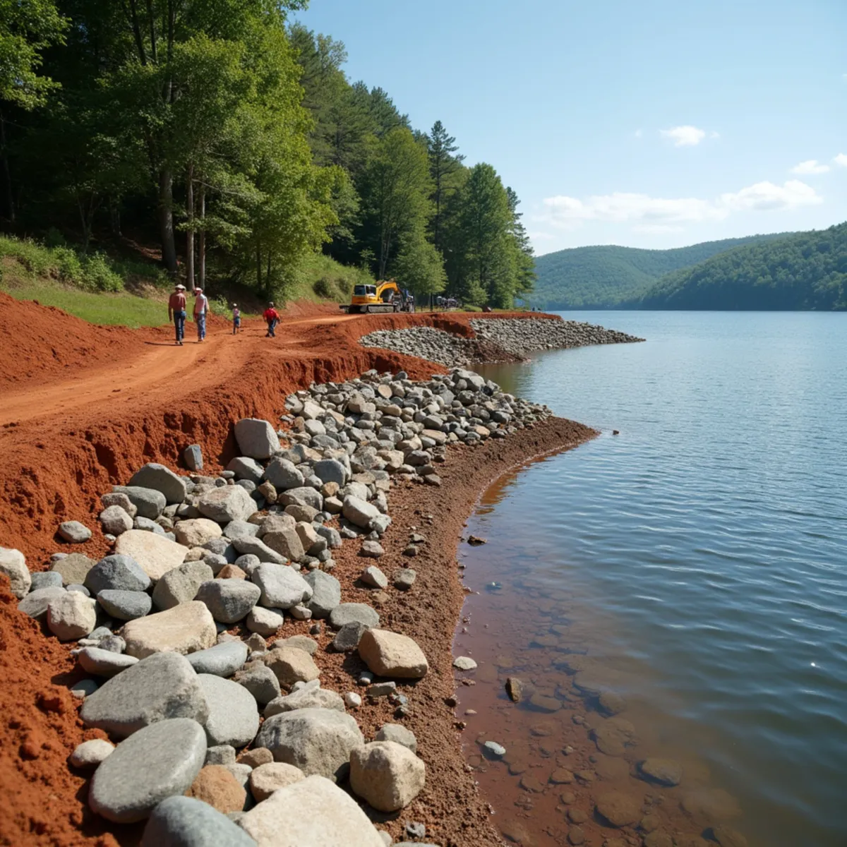 Collapsed lakefront bank being shored up with emergency stone on a North Georgia mountain lake