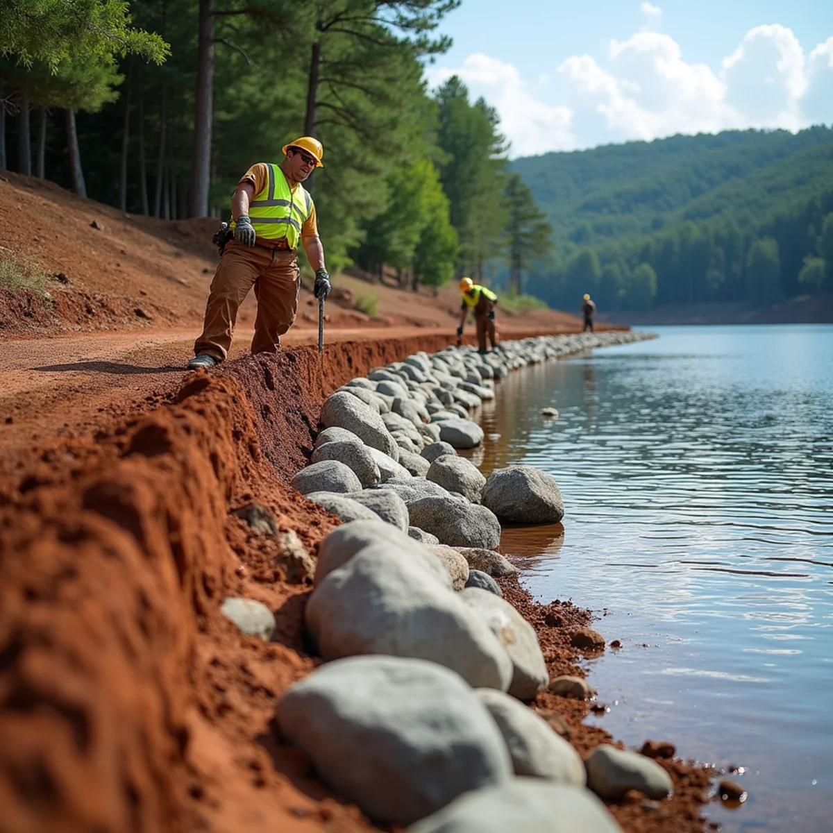 Rip rap boulders lining a stabilized lakefront shoreline on Lake Burton in North Georgia
