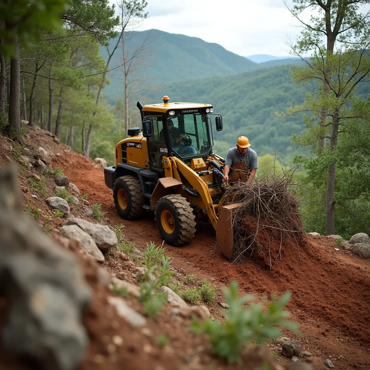 Forestry mulching machine clearing brush on a North Georgia hillside without open burning