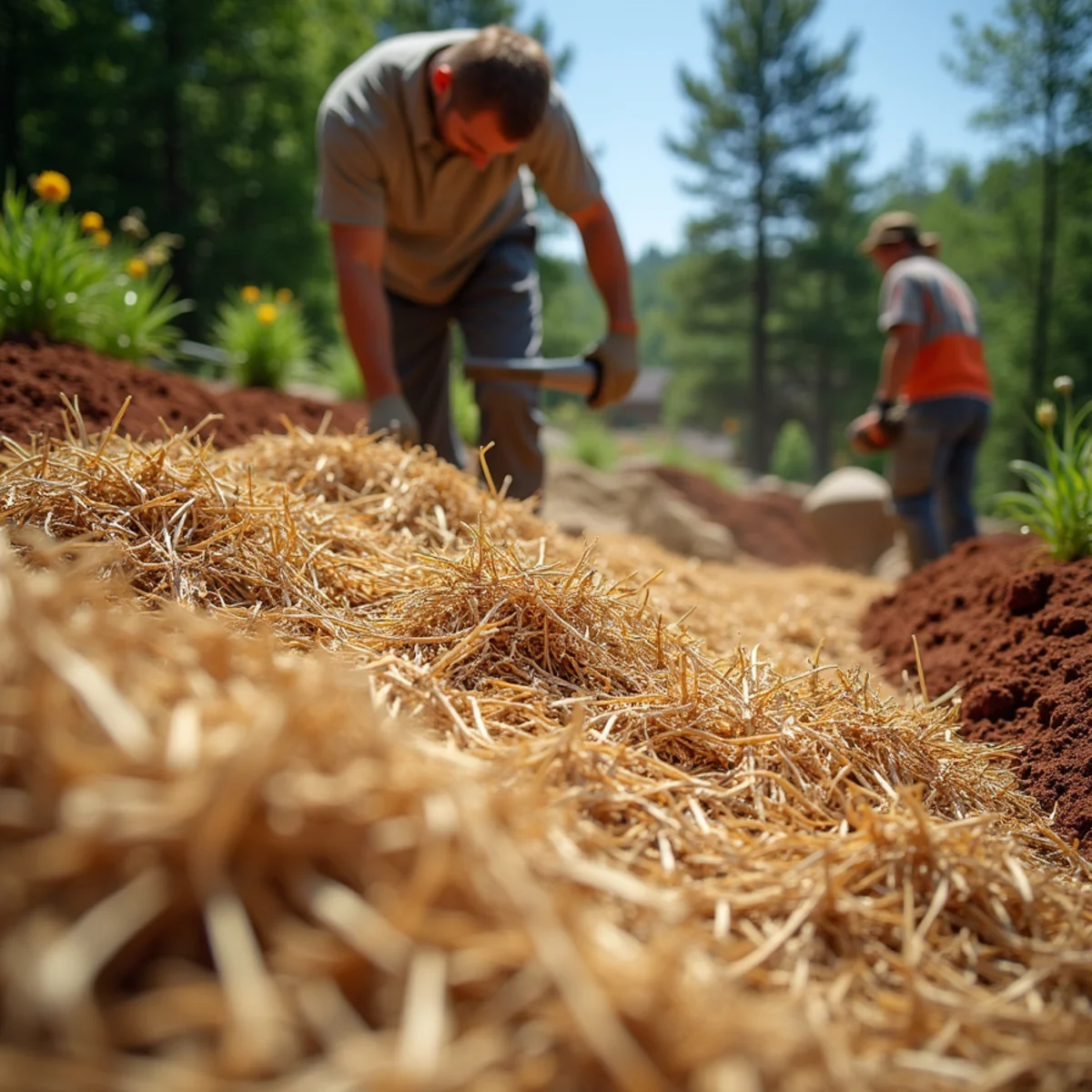 Fresh pine straw mulch laid over a sloped planting bed on a North Georgia mountain property