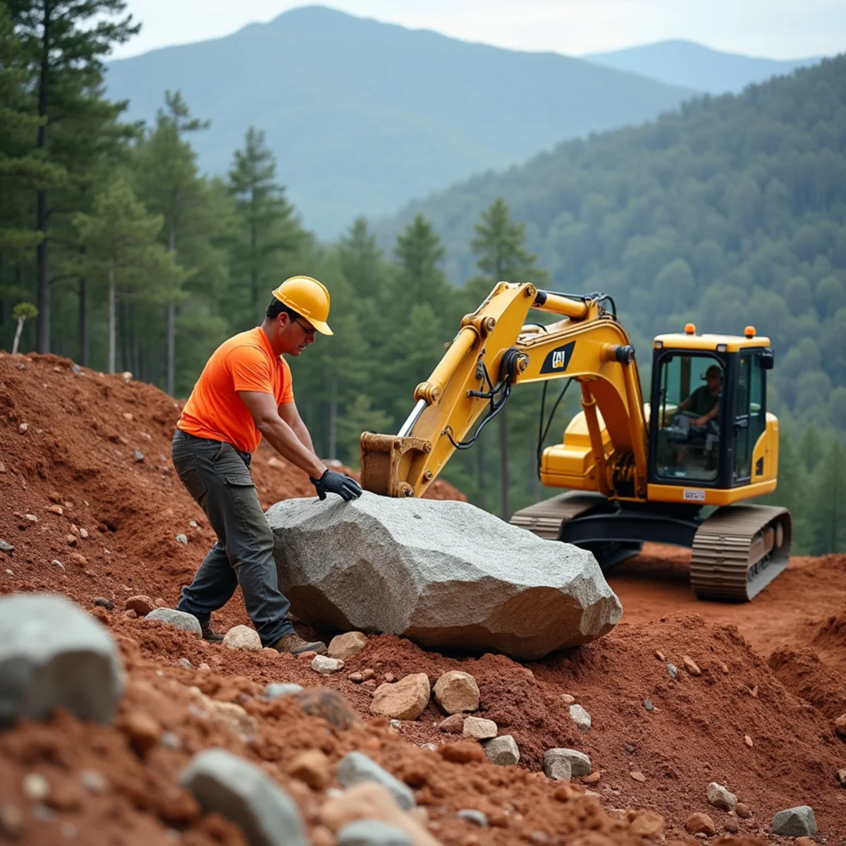 Excavator carefully placing a large granite boulder for a mountain retaining wall in Georgia