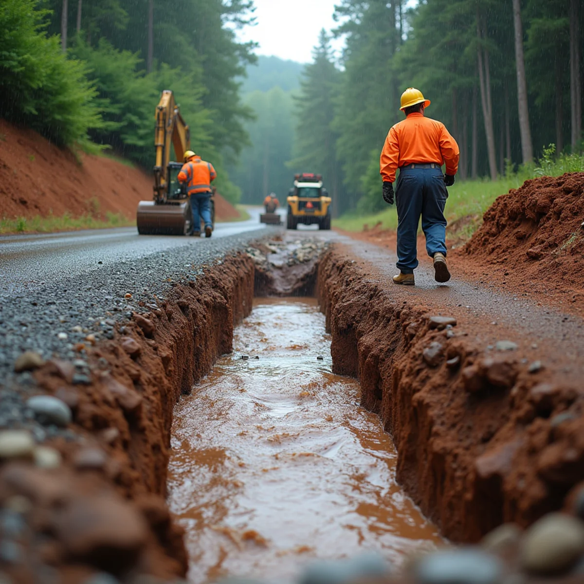 Deep stormwater gully washed across a gravel mountain driveway in North Georgia after heavy rain