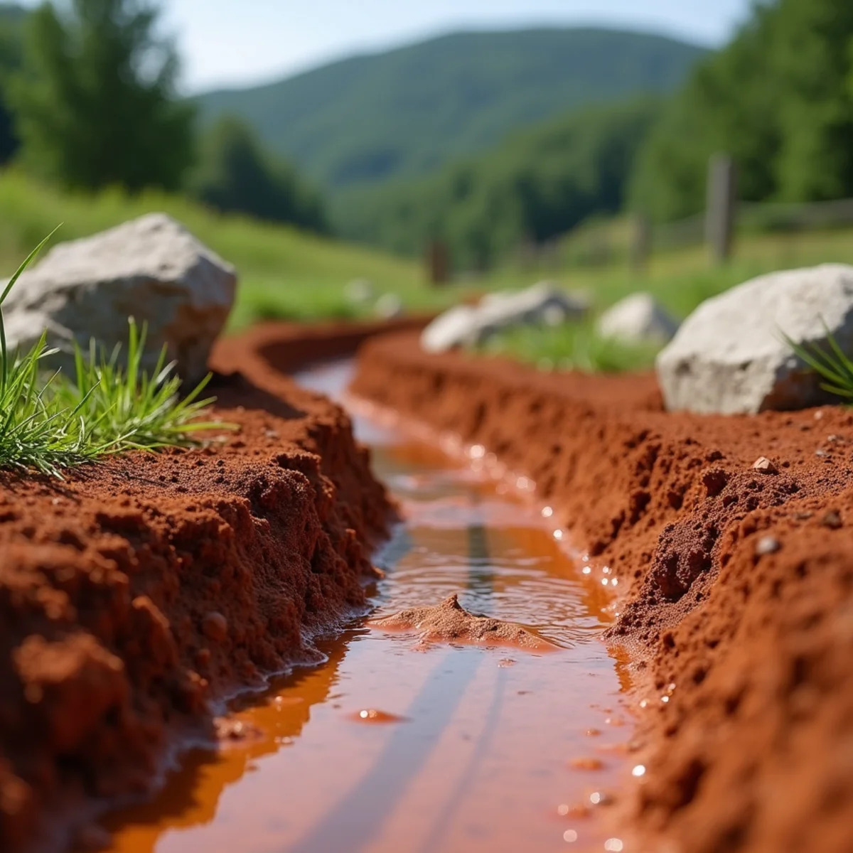 Cross section of compacted red clay soil with standing water on a North Georgia lawn