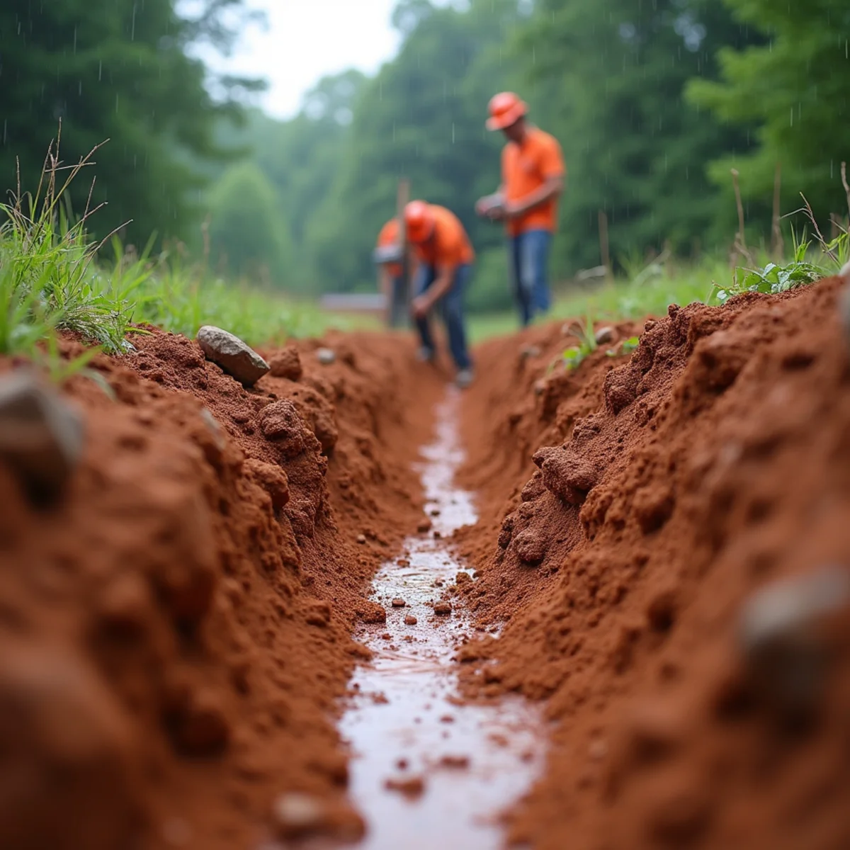 Failed shallow DIY french drain trench filling with red clay slurry after a rainstorm
