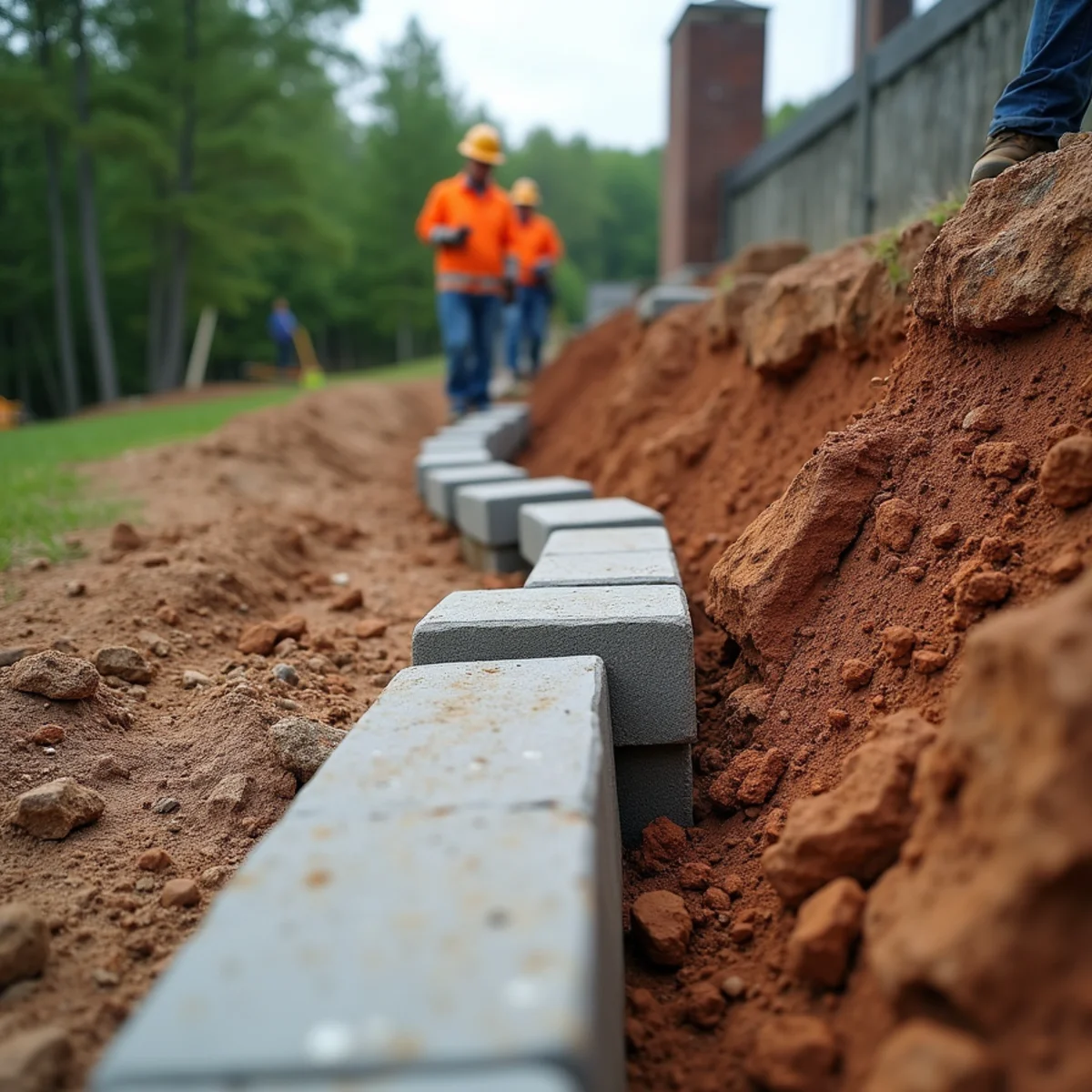 Leaning segmental retaining wall showing block separation from hydrostatic pressure in North Georgia