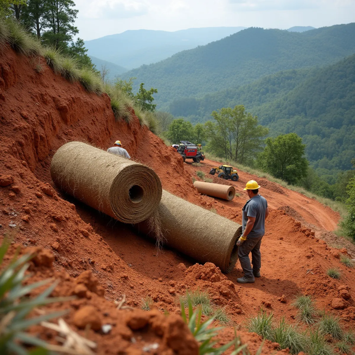 Sod rolls sliding loose on a steep ungraded red clay slope in North Georgia before terracing repair