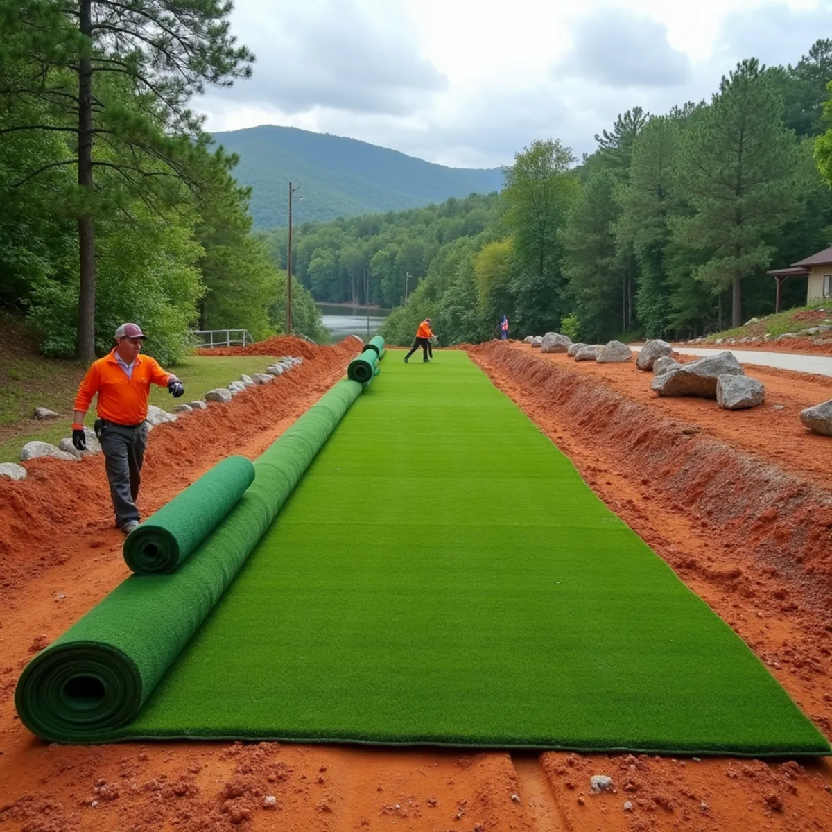 Freshly installed Zeon zoysia sod rolls on graded red clay soil in North Georgia