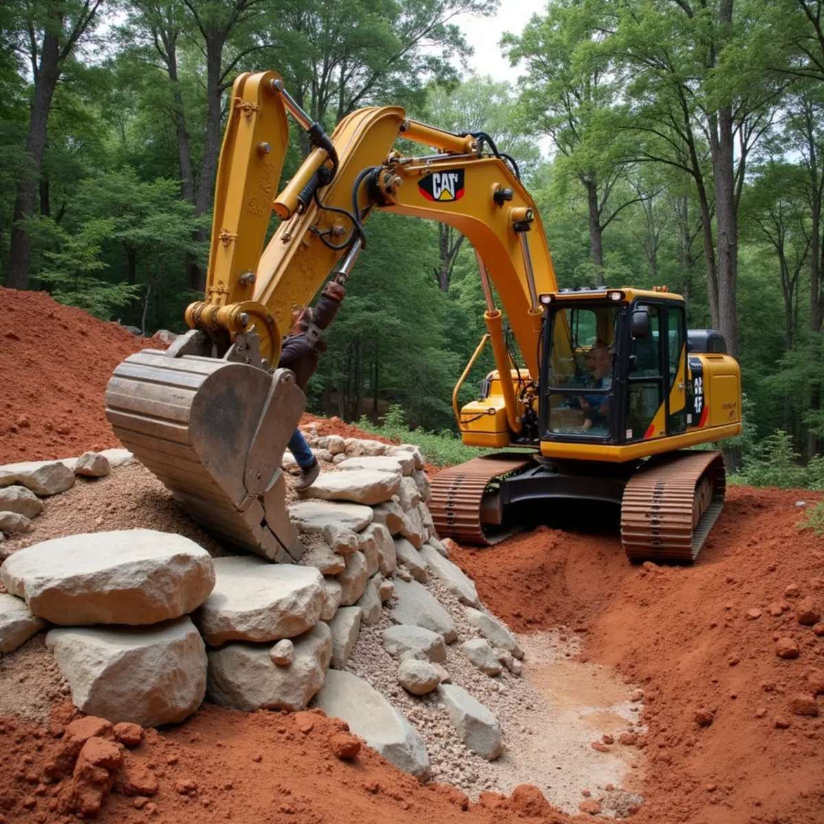 Boulder Retaining Walls in progress on a North Georgia mountain property near Clarkesville