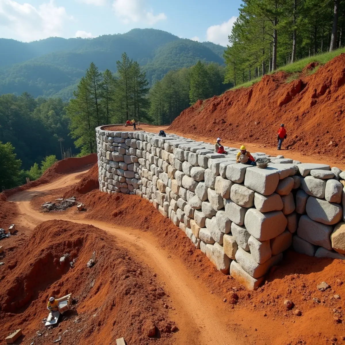 Large natural granite boulder retaining wall built on a steep mountain slope in Clarkesville, GA
