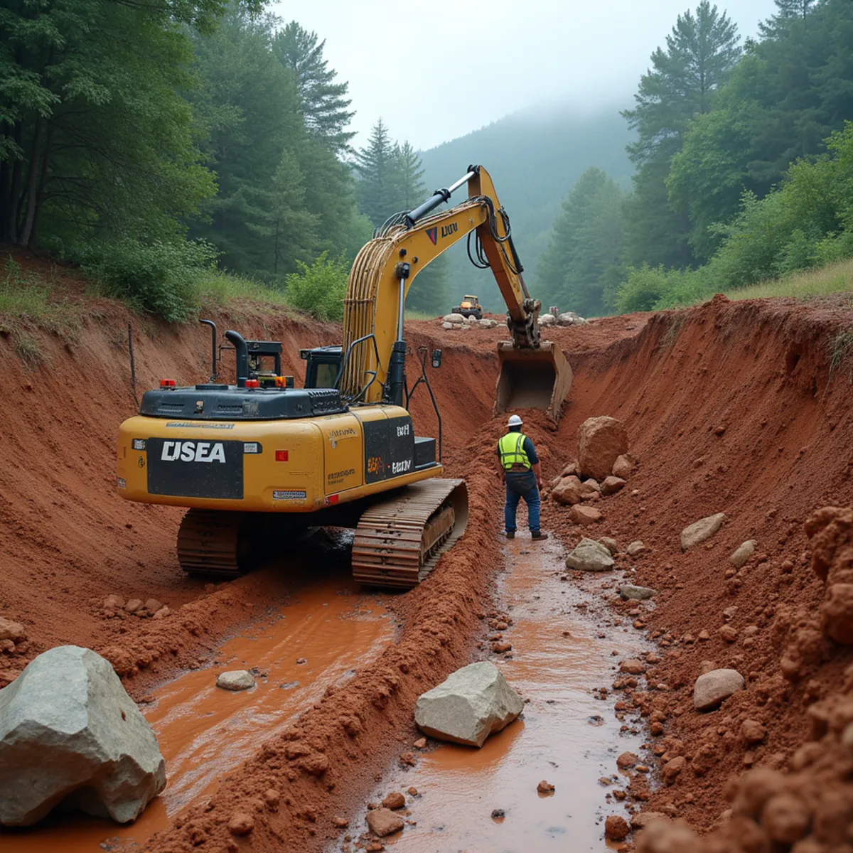 Emergency Hillside Washout & Erosion Repair in progress on a North Georgia mountain property near Clarkesville
