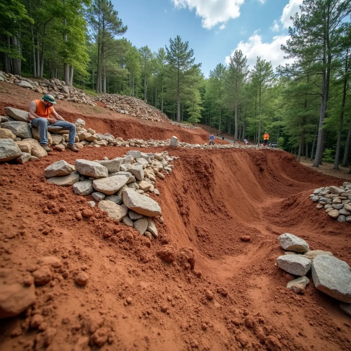 Emergency crew stabilizing a washed-out hillside with rock and erosion fabric after a storm in Clarkesville, GA