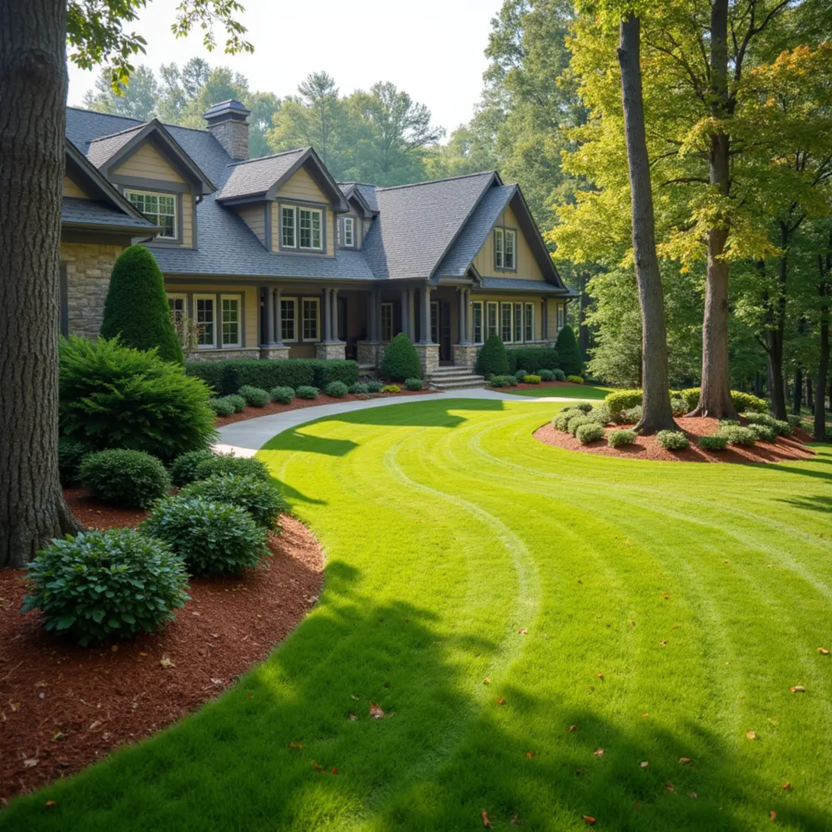 Grounds crew performing seasonal pruning and mowing on a large mountain estate property in Clarkesville, GA