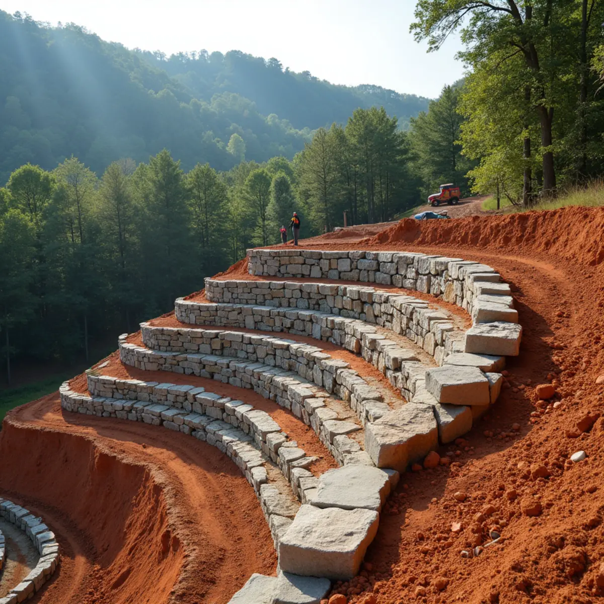 Natural granite boulder retaining wall on a steep slope in Clarkesville, GA