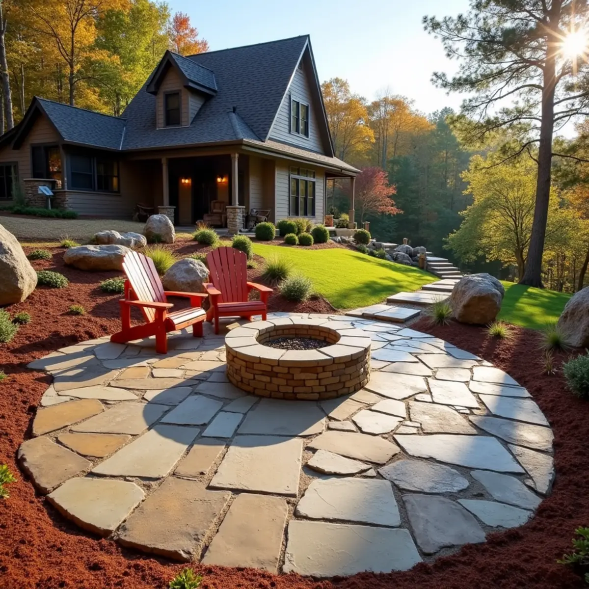 Flagstone patio and stone fire pit at a North Georgia mountain home