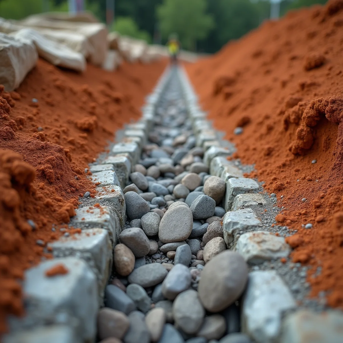 French drain installation in red clay soil in Cornelia, GA