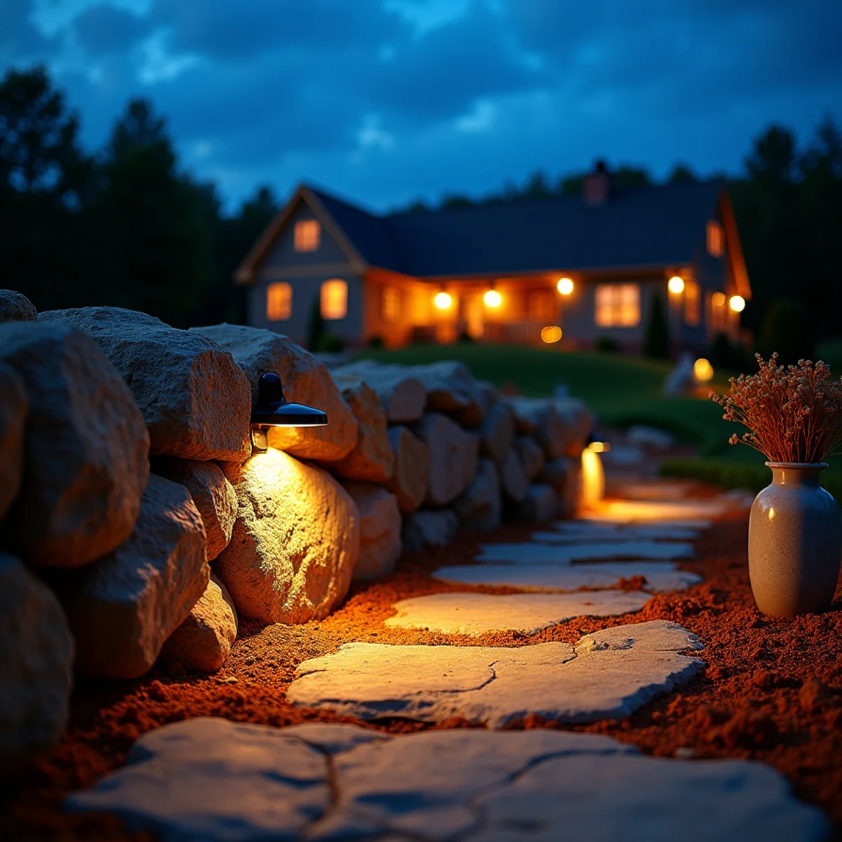 Low-voltage architectural lighting on a boulder wall at dusk