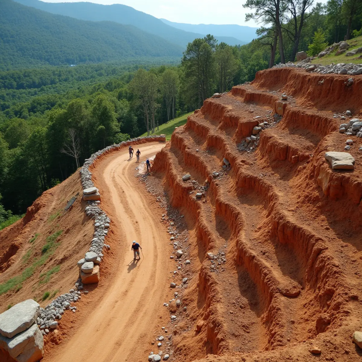 Mini excavator cutting a terraced bench into a steep mountain hillside in Clarkesville, GA