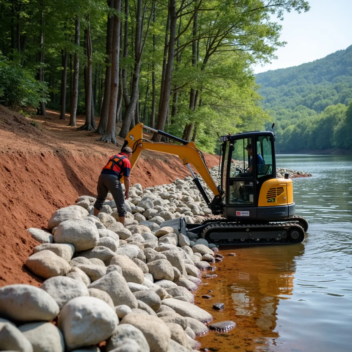 Lakefront Shoreline Stabilization in progress on a North Georgia mountain property near Clarkesville
