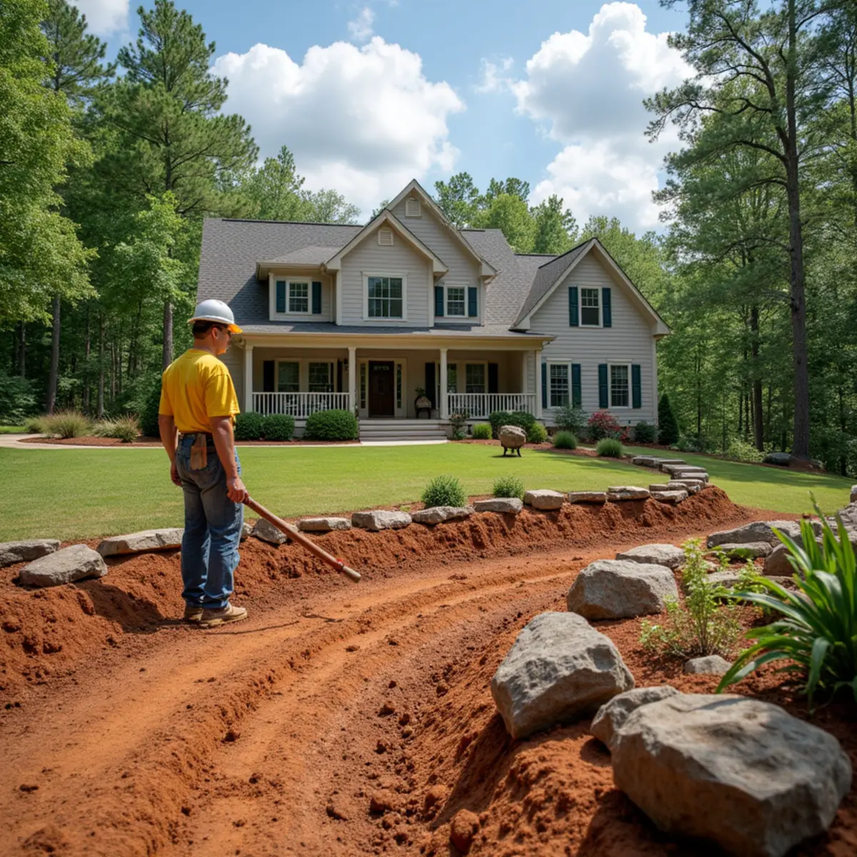 Deep subsoil ripping and compost tilling before sod installation in apple orchard country near Alto, GA