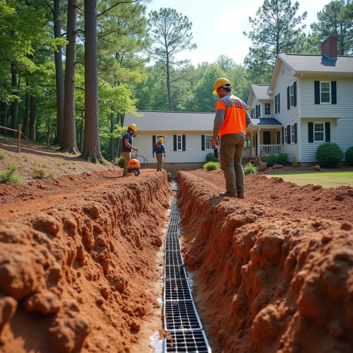 French drain installation preventing water pooling around a slab foundation on an Auburn, GA property