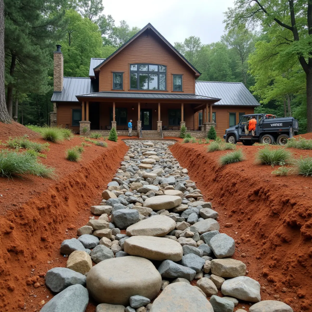 Dry creek bed drainage channel capturing storm runoff below a metal barn roof in Avalon, GA