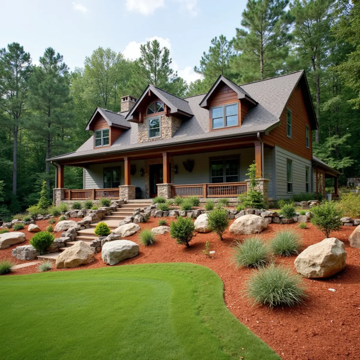 Wind-resistant boulder wall and deep-root fescue lawn on a high ridge property in Baldwin, GA