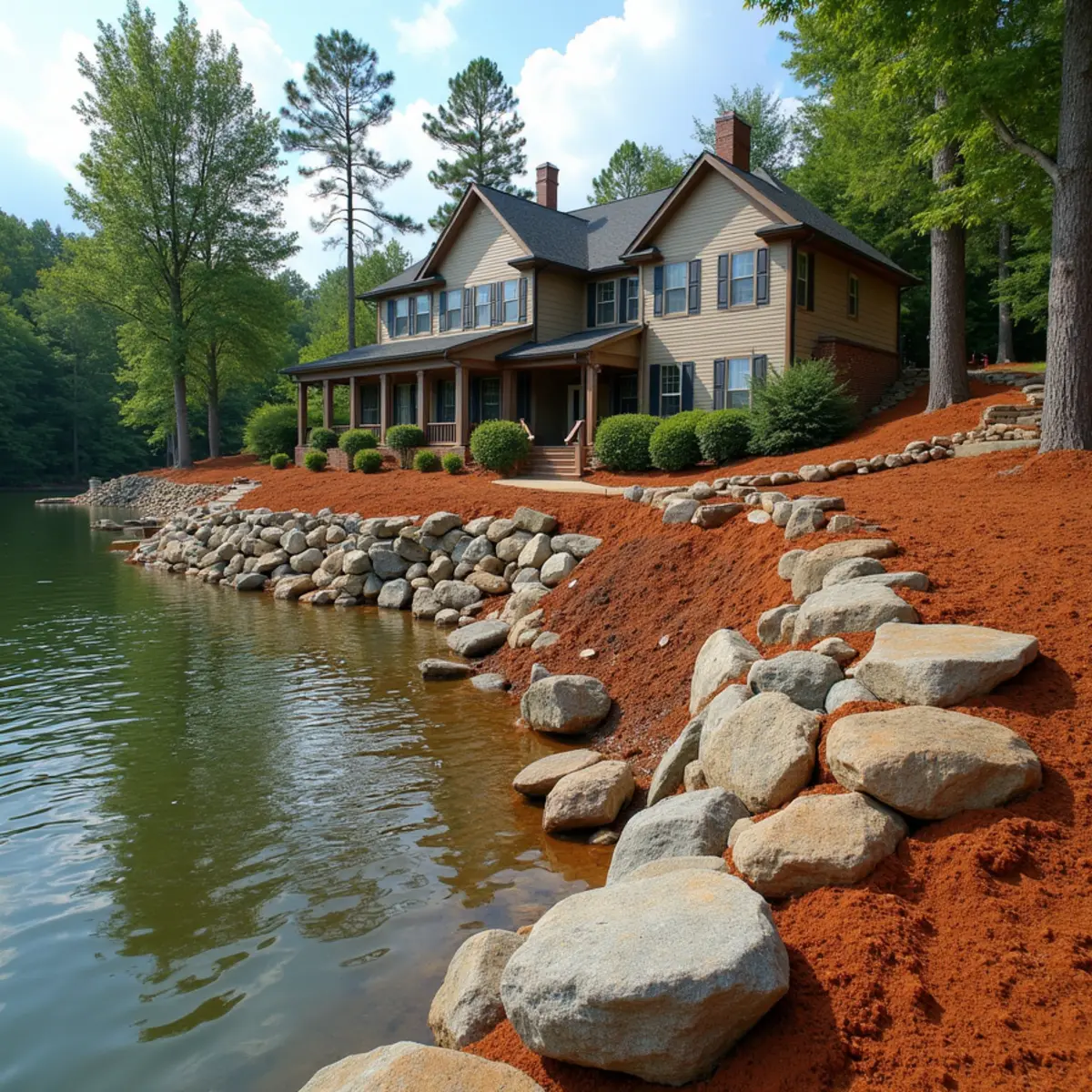 Rock seawall construction along a Lake Nottely shoreline with pine straw bed on a Blairsville, GA hillside