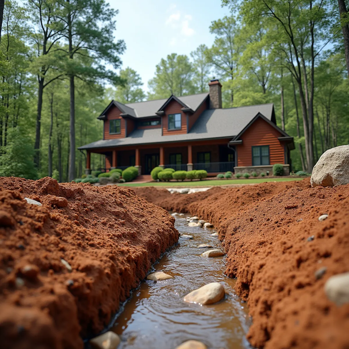 Deep French drain installation diverting surface water away from a workshop near Bowersville, GA