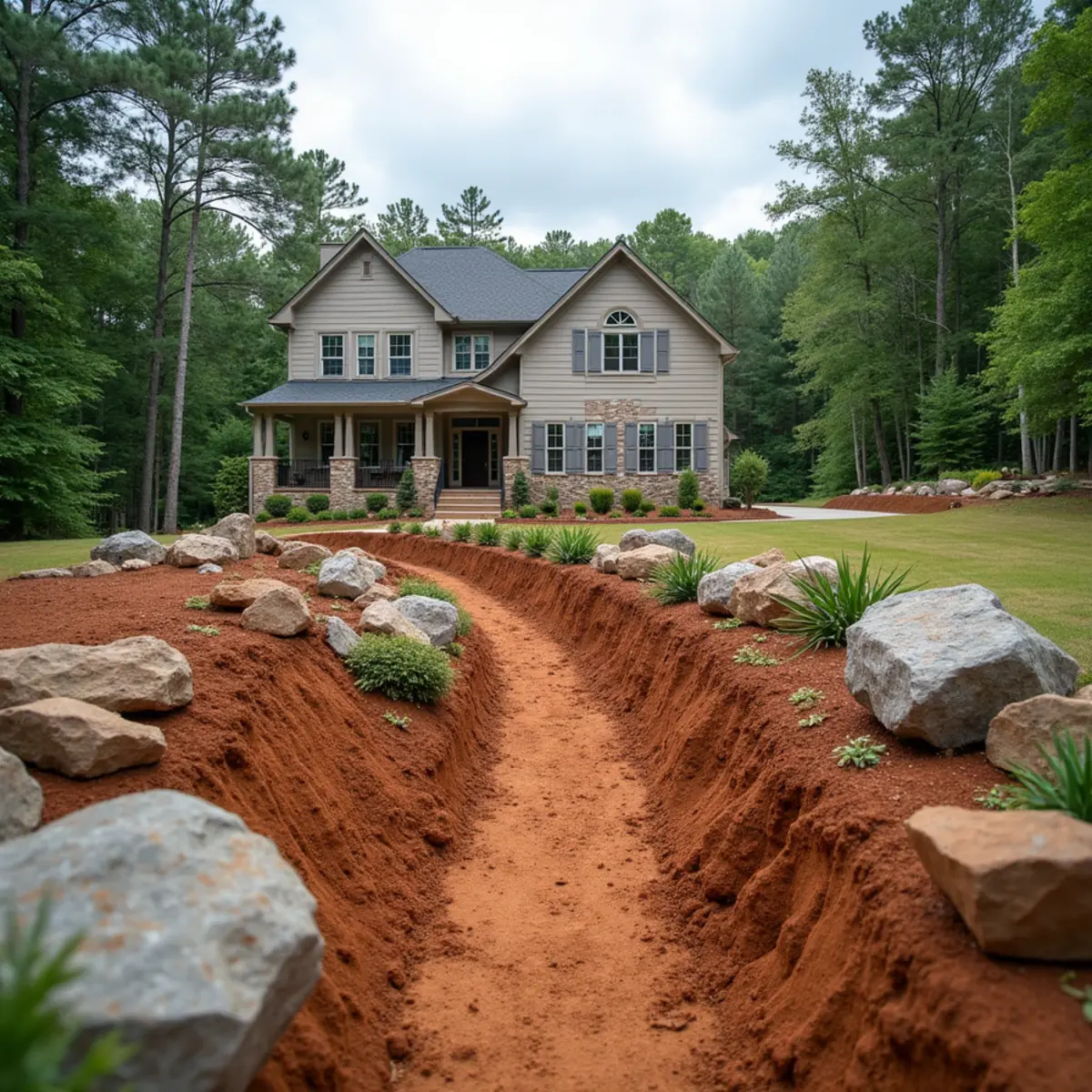 Surface drainage swale cut through shallow granite bedrock ground near Bowman, GA in Elbert County