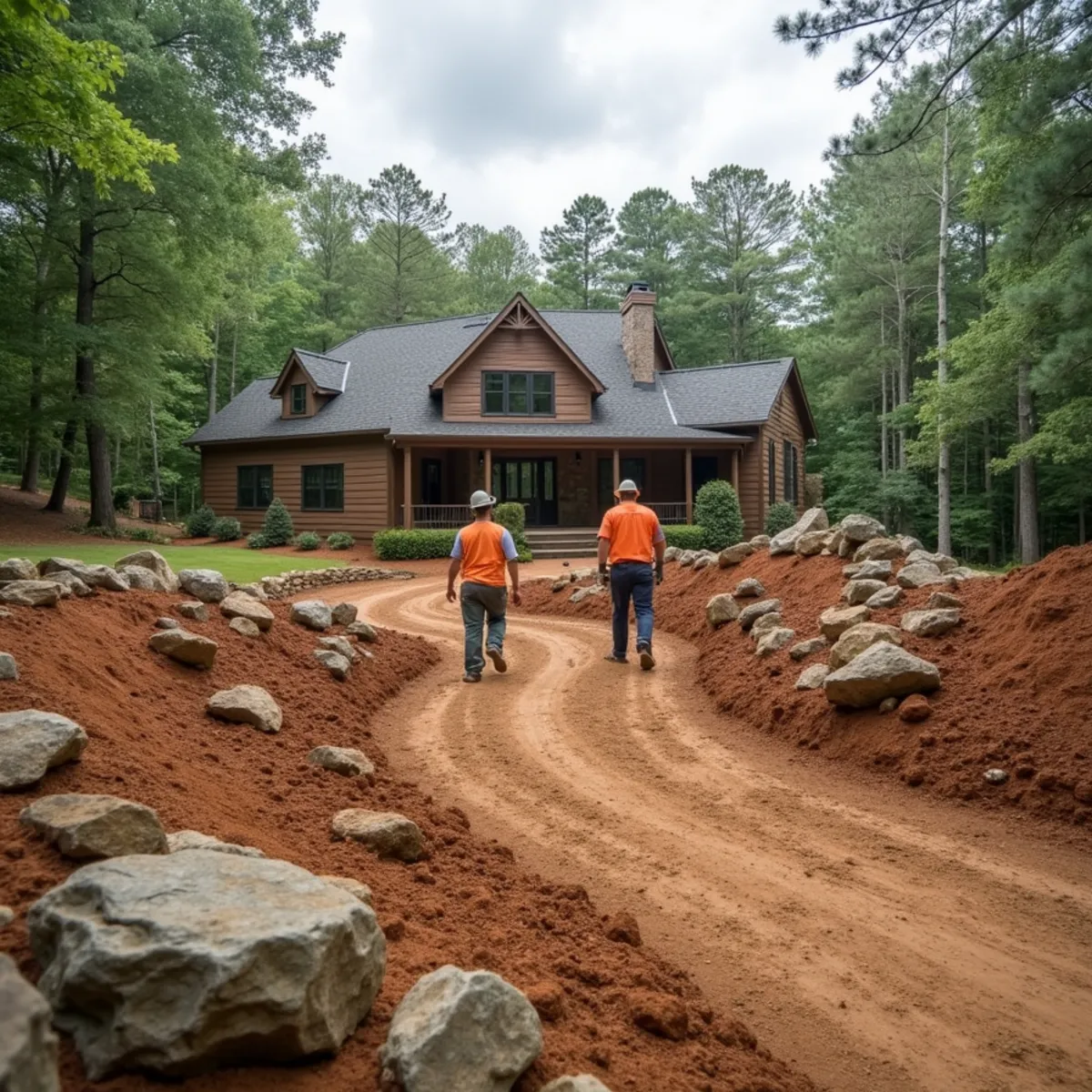 Mountain landscaping and boulder retaining wall on a Clarkesville, GA property in Habersham County