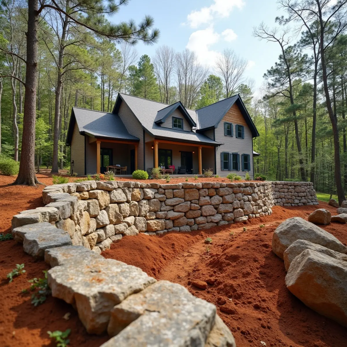Rock retaining wall and cleared defensible space around a mountain estate near Clayton, GA
