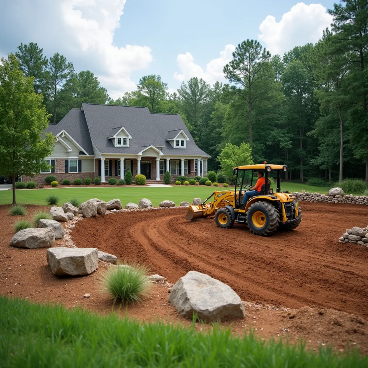 Tractor grading work and stabilized farm pond bank on open Madison County farmland near Danielsville, GA