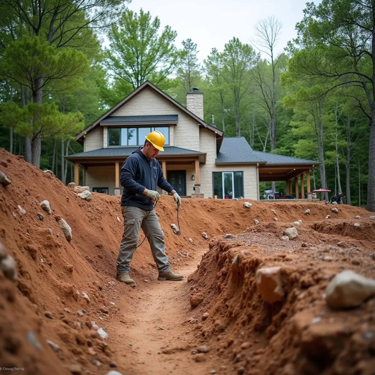 Geogrid-reinforced boulder retaining wall on a steep red clay grade near Amicalola Falls in Dawsonville, GA
