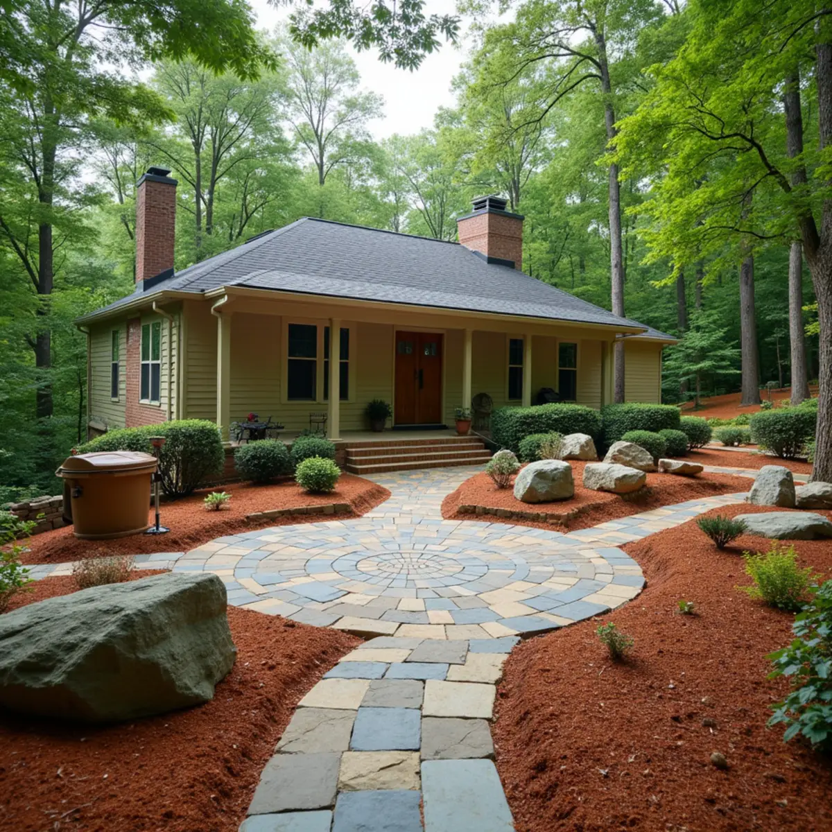 Root-safe flagstone patio installed beneath mature oak canopy near Piedmont University in Demorest, GA