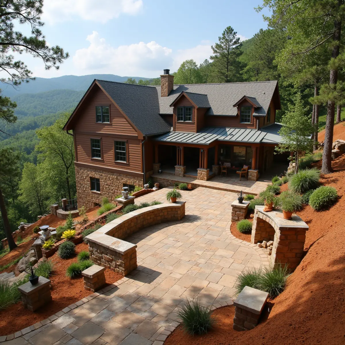 Custom stone outdoor kitchen on a luxury estate property in the Dillard, GA valley corridor