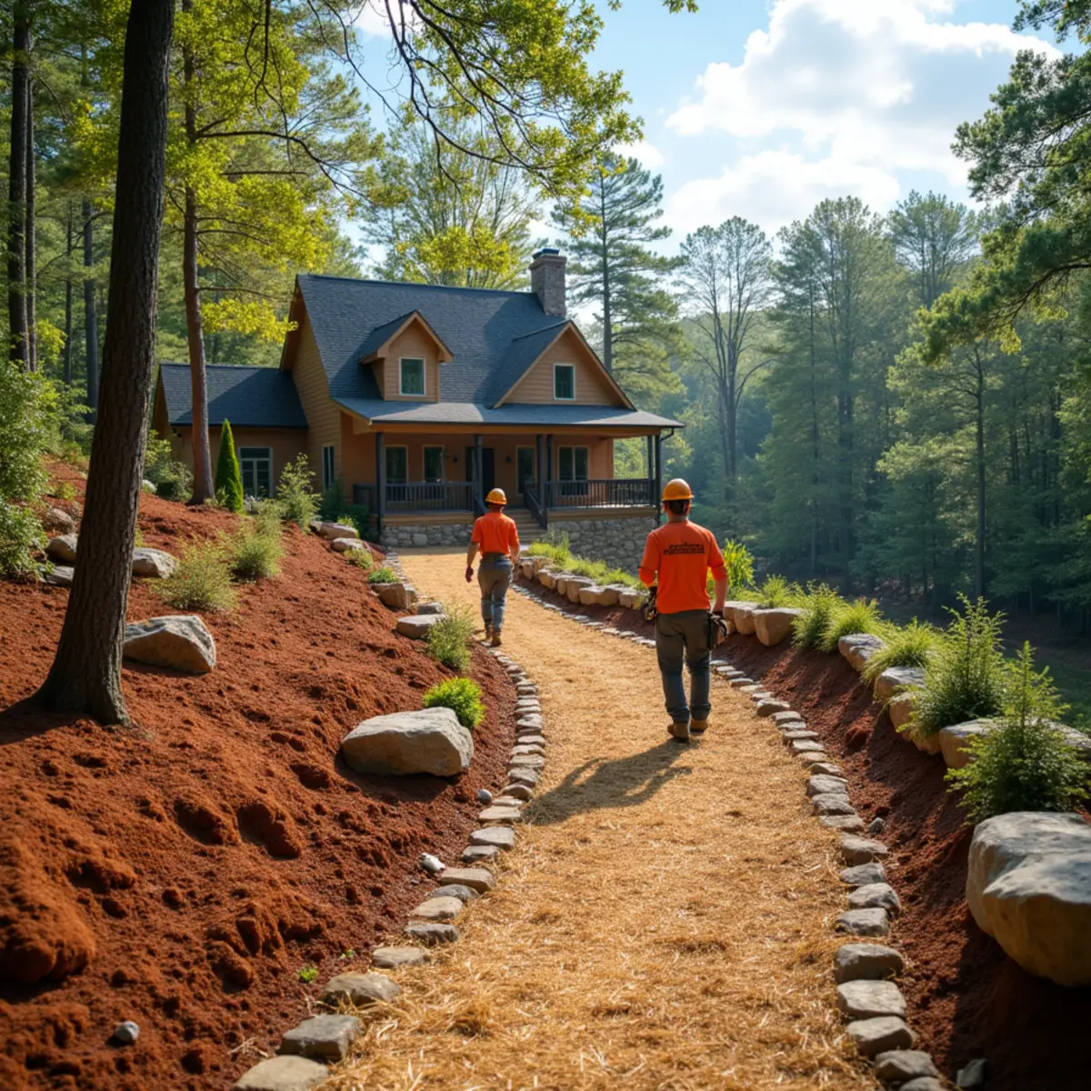 Pine straw garden beds and low-voltage path lighting on a wooded country estate near Fairview, GA