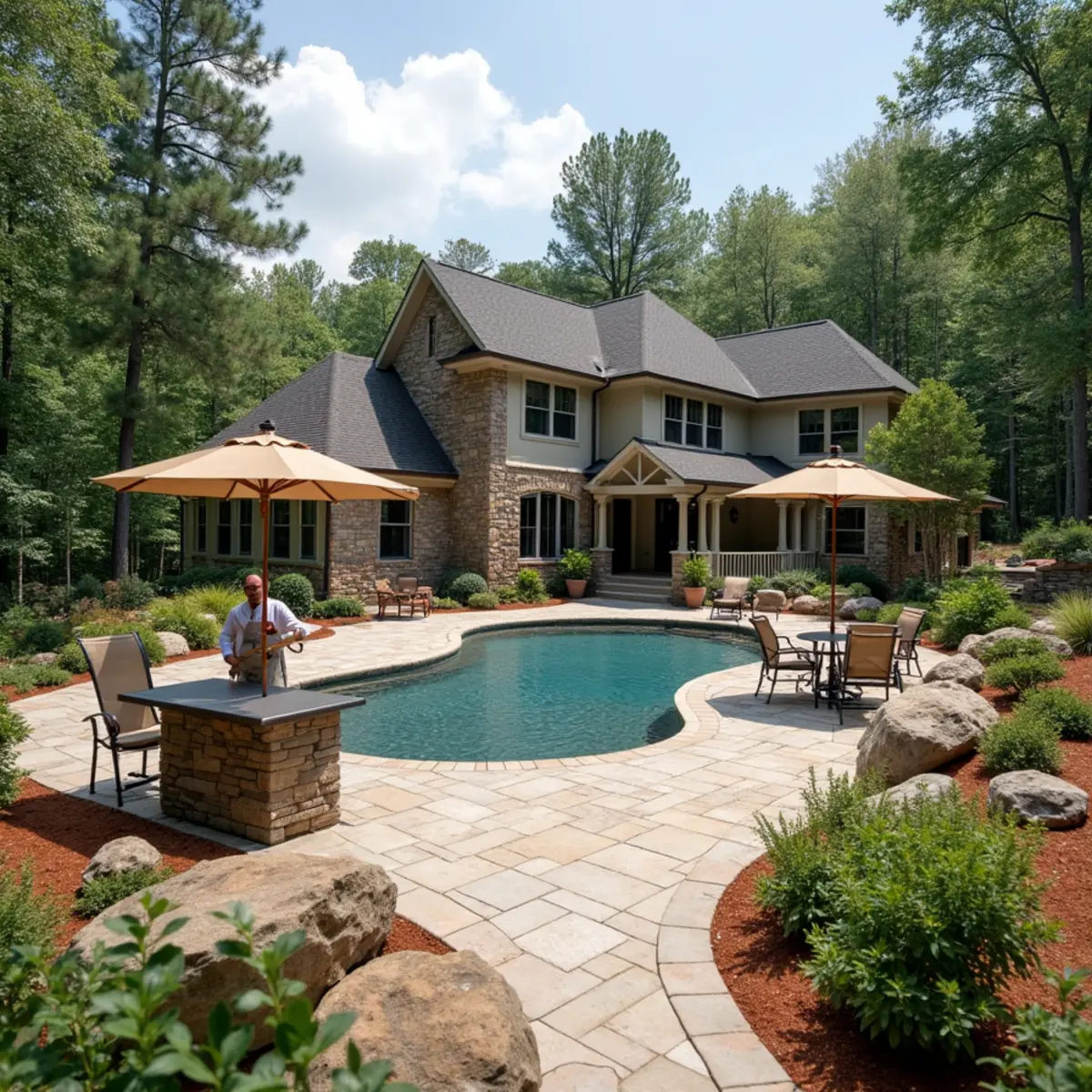 Travertine paver pool deck and outdoor kitchen in a Flowery Branch, GA lakefront neighborhood