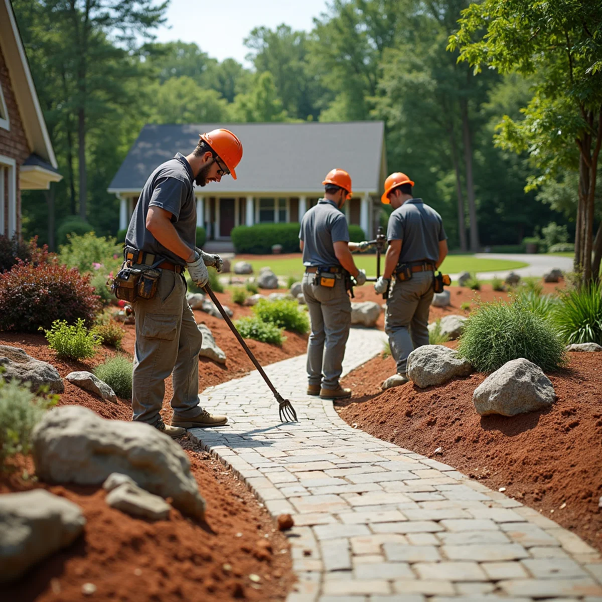 Compact paver patio and low-maintenance perennial landscaping on a Franklin Springs, GA residential lot
