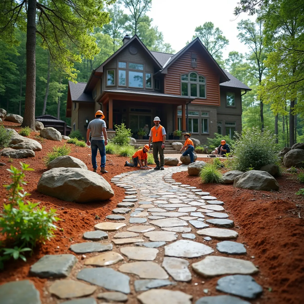 Flagstone walkway and riverbank stone work along the Chattahoochee River in Helen, GA