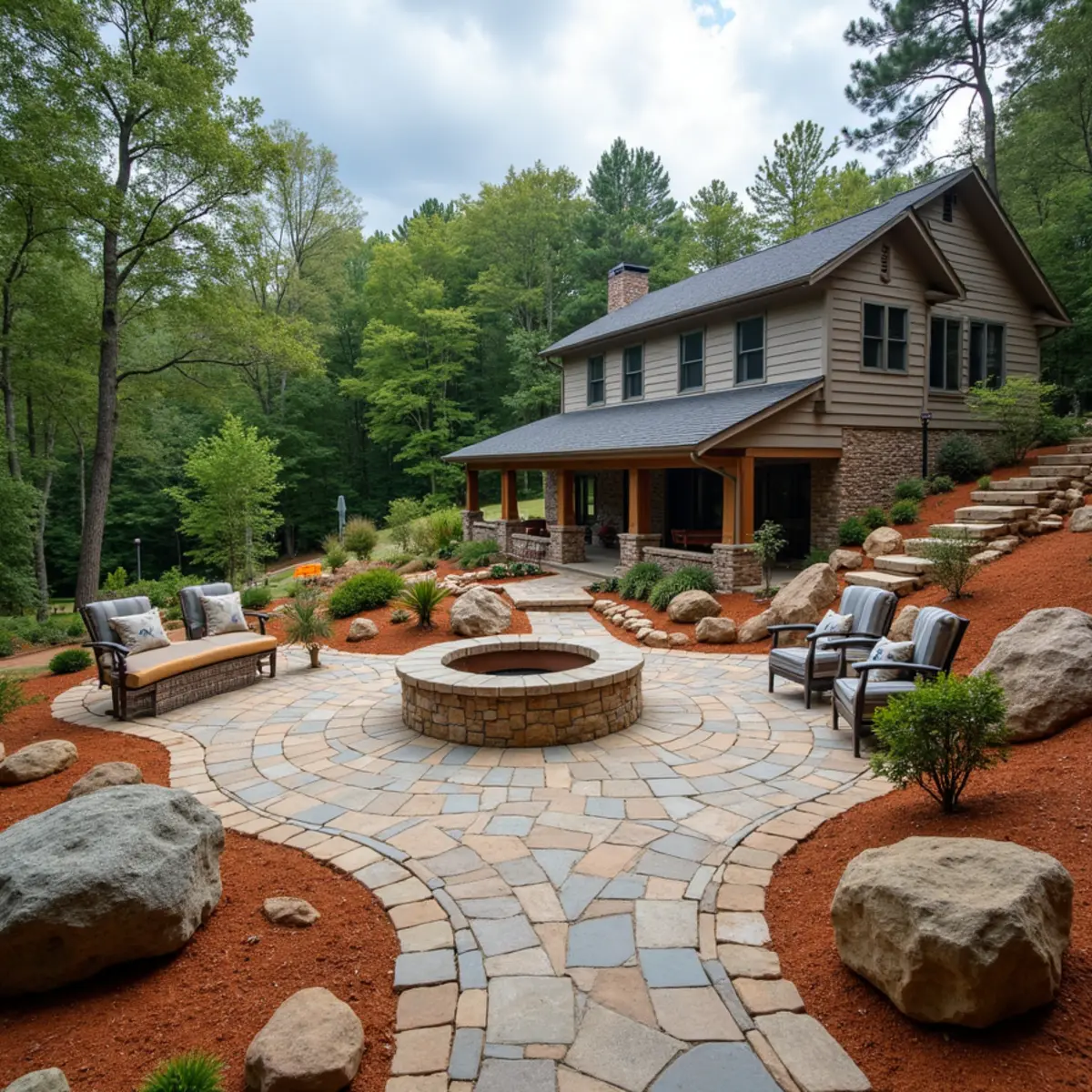 Durable flagstone patio and outdoor fire gathering pit at a Chattahoochee riverside vacation rental in Helen Valley, GA