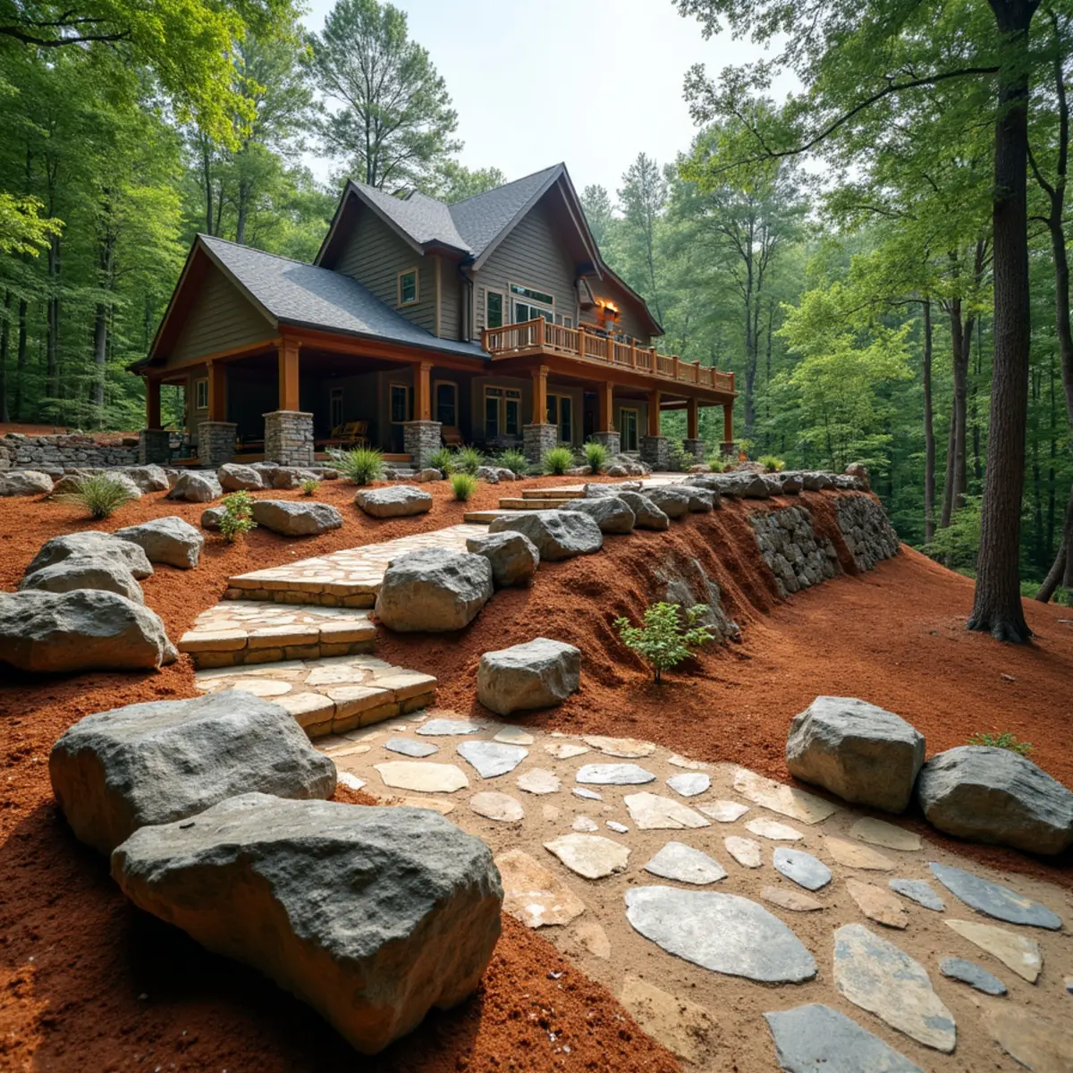 Engineered rock retaining wall and stone staircase on a steep Lake Chatuge property in Hiawassee, GA