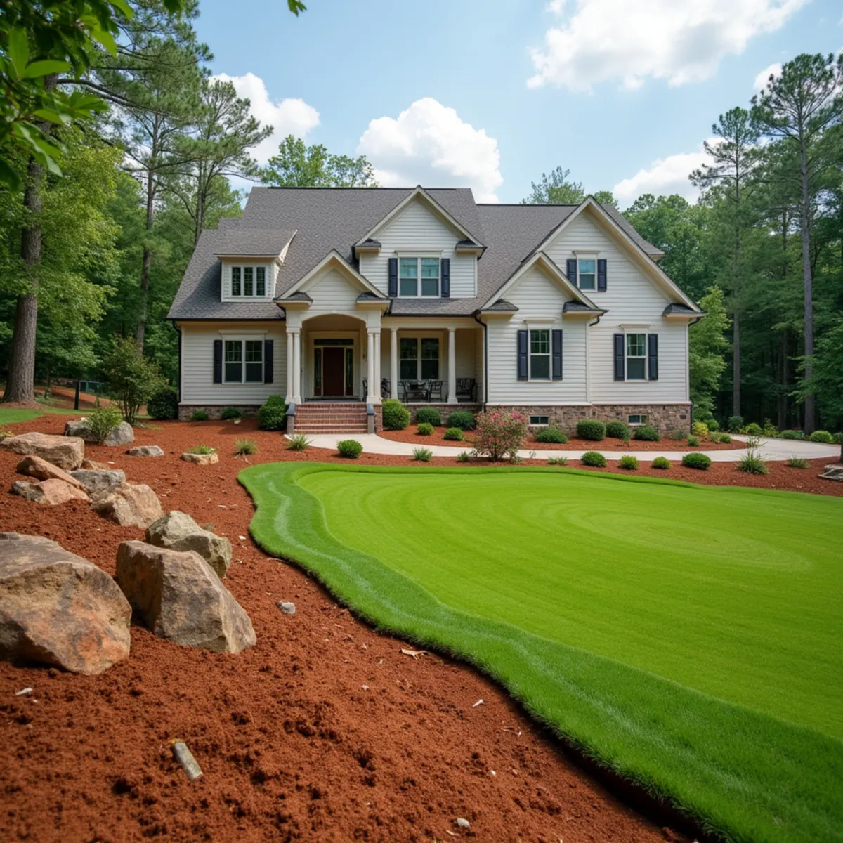 Fresh sod installation and drainage grading on a new construction lot in Hoschton, GA