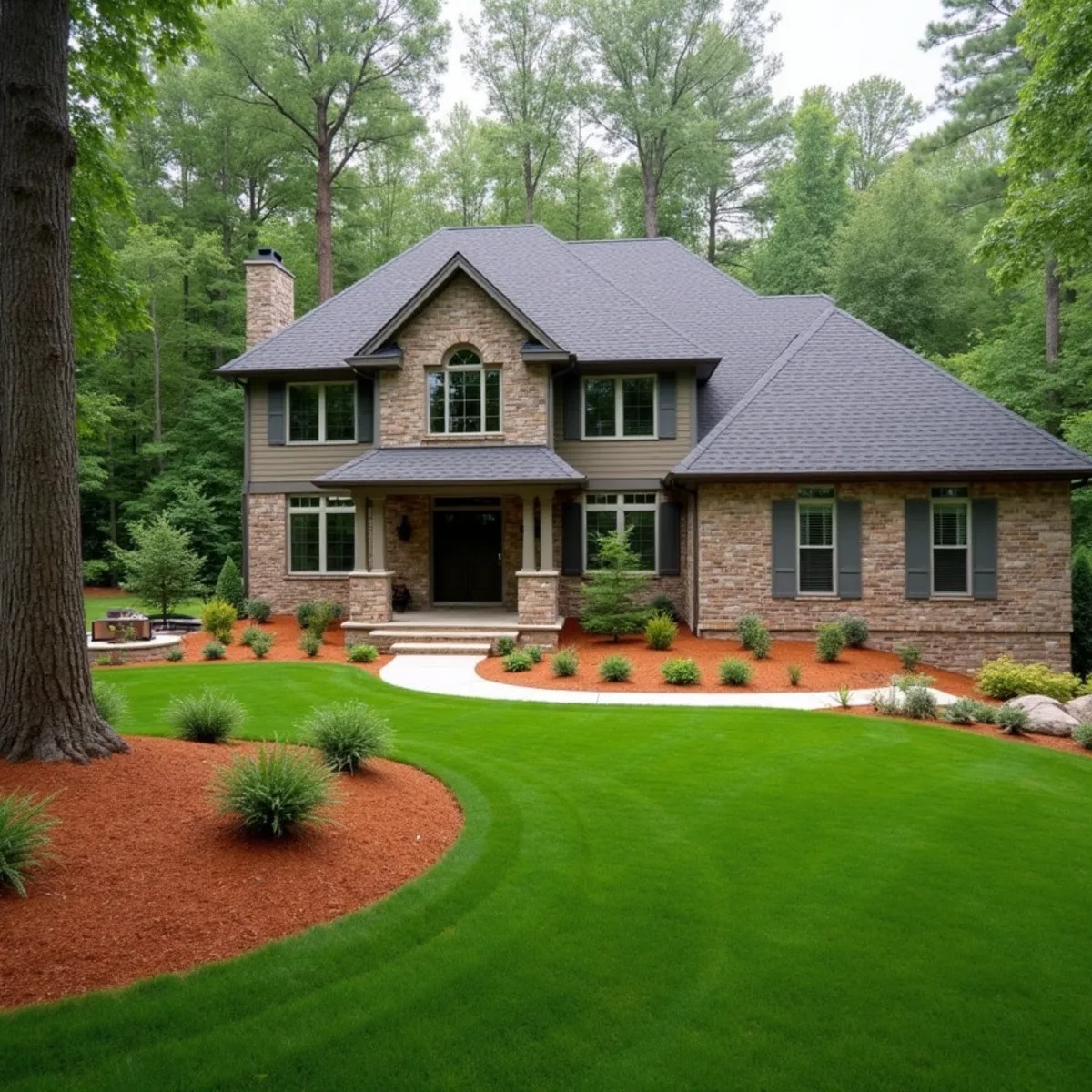 Zoysia sod lawn and privacy screen plantings in a Jefferson, GA master-planned neighborhood